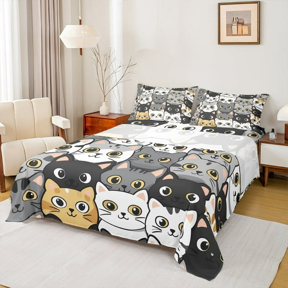 Manfei Cartoon Cat Lover Twin Sheet Sets, Black Grey Kitten Animal Twin Fitted Sheet, Teen Boy Girl Kid Flat Sheet, Microfiber Bedroom Decor, 3 Pieces