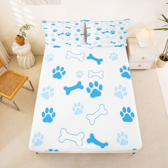 Manfei Cartoon Cat Paw Fitted Sheet Full, Dog Bone Bed Set, White Blue, 3pcs, 1 Fitted Sheet and 2 Pillowcases