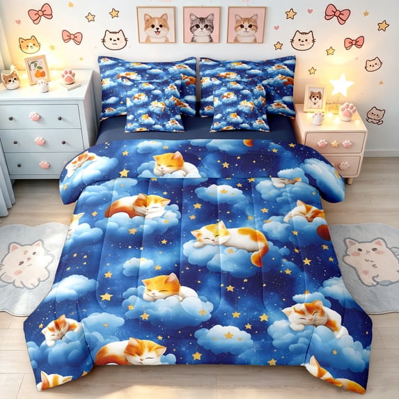 Manfei Cartoon Cat Queen Bedding, Sleeping Galaxy Kitten Bedding Comforter Set Queen, Blue Gold, Blue Reversible, 7-Piece