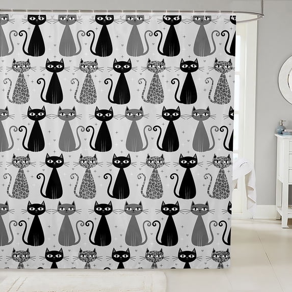 Manfei Cartoon Cat Shower Curtain 72Wx72L, Watercolor Dots Animal Bathroom Curtain, Gray
