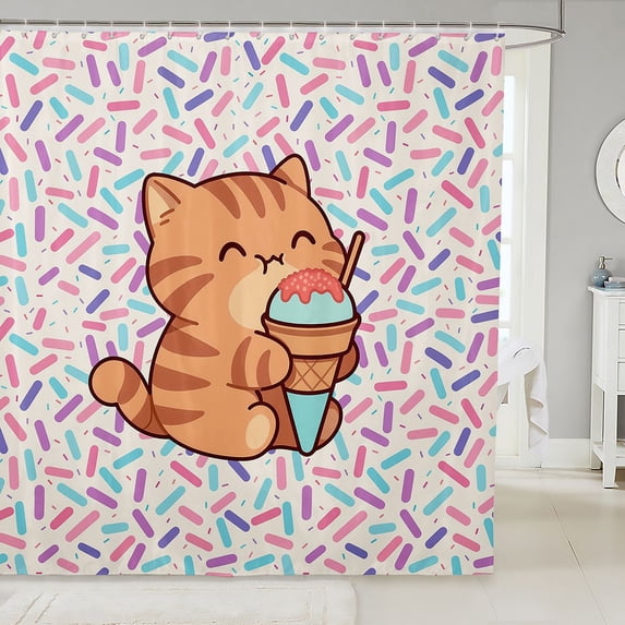 Manfei Cartoon Cat Shower Curtain 72Wx78L, Ice Cream Animal Bath Curtain, White Pink