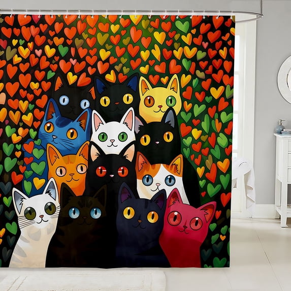 Manfei Cartoon Cat Shower Curtain 72Wx78L, Watercolor Love Heart Bath Curtain, Dark Green