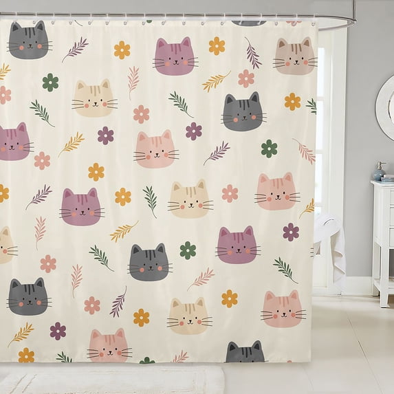 Manfei Cartoon Cat Shower Curtain 72Wx84L, Spring Leaf Flower Bathroom Shower Curtain, Cream