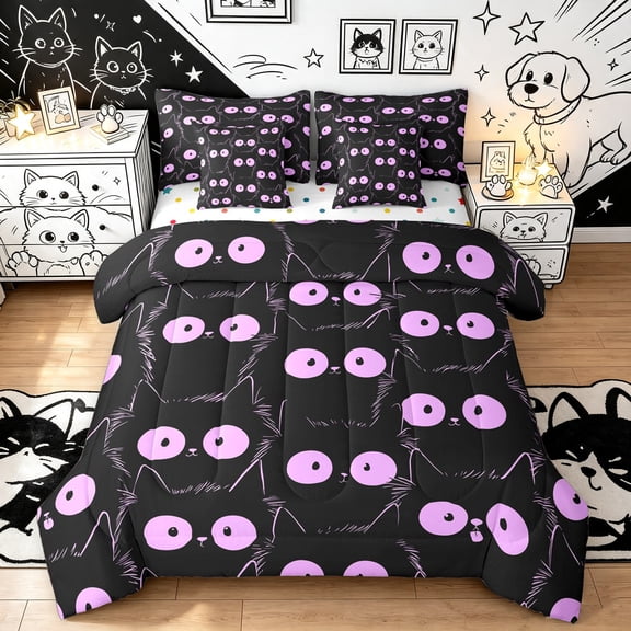 Manfei Cartoon Cat Twin Bedding, Kawaii Abstract Kitten Bedding Comforter Set, Black Orchid, Polkadot Reversible, 7pcs