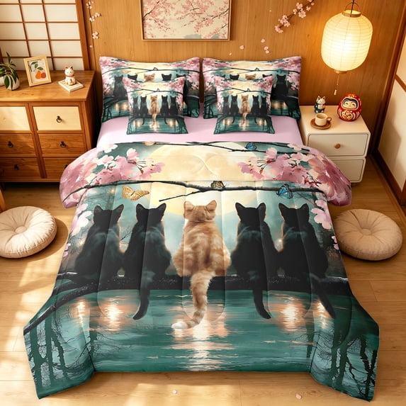 Manfei Cartoon Cat Twin Bedding, Tokyo Blossoms Floral Bedding Comforter Set, Pink Teal, Pink Reversible, 7pcs