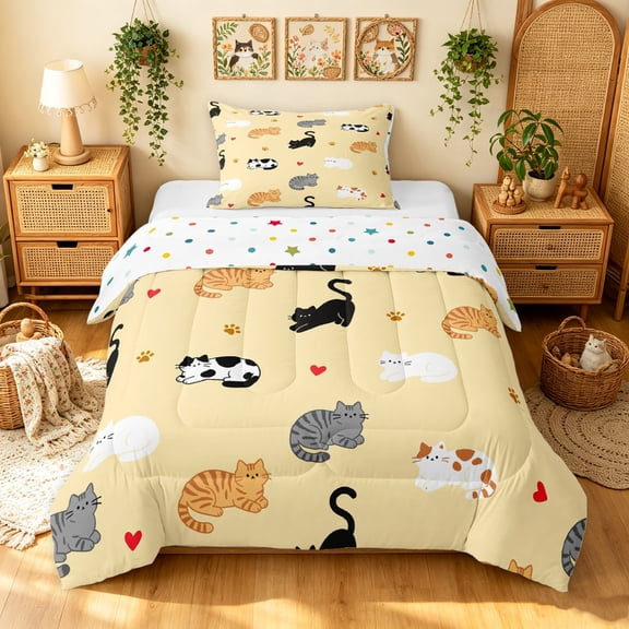Manfei Cartoon Cat Twin Comforter Sets, Kitten Paw Print Bedding Set, Cream Yellow, Polkadot Reversible, 2pcs, 1 Comforter and 1 Pillowcase