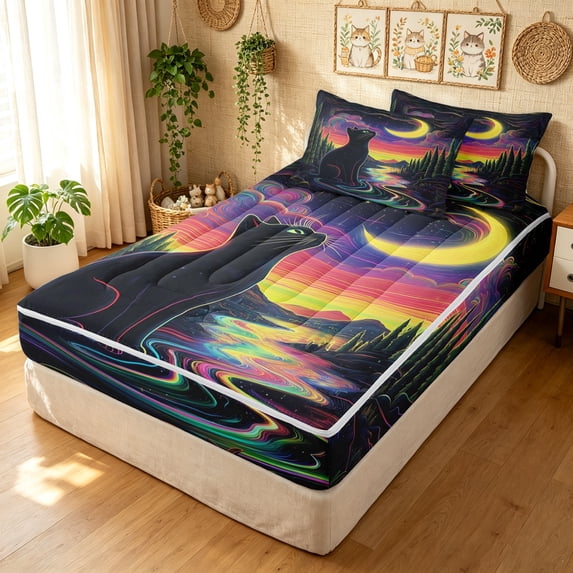 Manfei Cartoon Cat Zipper Queen Comforter Set with Fitted Sheet and 2 Pillowcases, Mystic Forest Galaxy Zipper Bedding Set, Black Purple, Black Reversible, 4-Piece