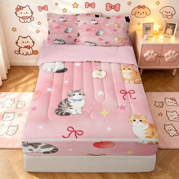 Manfei Cartoon Cat Zipper Queen Comforter Set with Fitted Sheet and 2 Pillowcases, Sky Star Ribbon Zipper Bedding Set, Pink, Pink Reversible, 4-Piece
