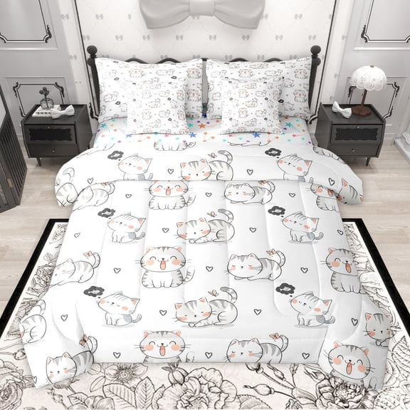 Manfei Cartoon Cats 7pcs Bedding Comforter Set for Preppy Children Kids,Kawaii Animal Queen Bedding Sets Super Cozy,Cute Pets Queen Sheet Sets,Breathable Home Decor,Reversible