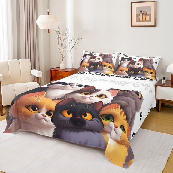 Manfei Cartoon Cats Twin Sheet Sets 3pcs for Kids Children,Kawaii Pet Twin Fitted Sheet Microfiber,Kawaii Animal Breathable Flat Sheet,Super Cozy Room Decor