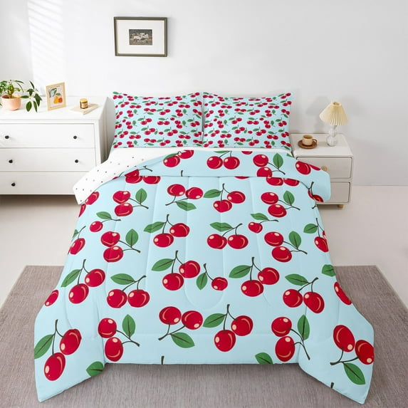 Manfei Cartoon Cherry 3pcs King Size Comforter Sets,Kawaii Food Bedding Comforter Set,Cute Fruit Bedding Set,Breathable Dreamy Room Decoration,Reversible