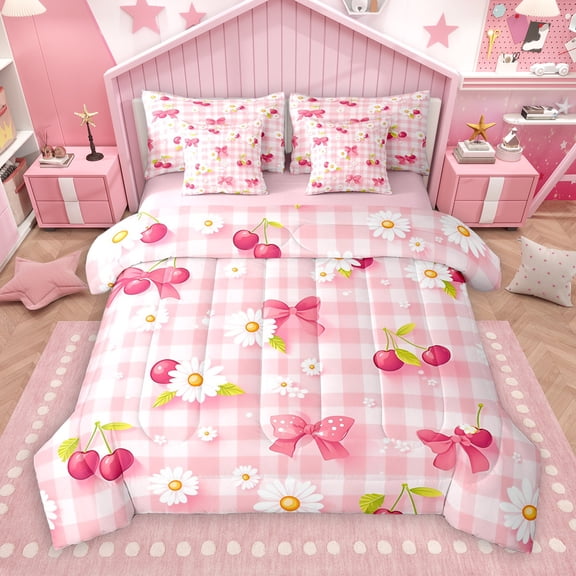 Manfei Cartoon Cherry 7-Piece Bedding Comforter Set,Cute Bowknot Bowtie King Bedding Sets,Pink Plaid Grid Bed Sheets For Girl Kids,Super Cozy Room Decor Reversible