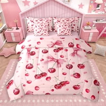 Manfei Cartoon Cherry 7-Piece Twin Bedding Sets,Cute Bowknot Bowtie Bedding Comforter Set,Pink Red Sheet Sets For Child,Super Cozy Room Decor Reversible