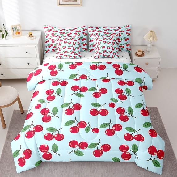 Manfei Cartoon Cherry 7-Piece Twin Bedding Sets,Kawaii Food Bedding Comforter Set,Cute Fruit Breathable Sheet Sets,Breathable Dreamy Room Decoration,Reversible