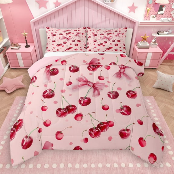 Manfei Cartoon Cherry Bedding Comforter Set,Cute Bowknot Bowtie Twin Comforter Sets,Pink Red Bedding Set For Child,Super Cozy Room Decor Reversible,2-Piece