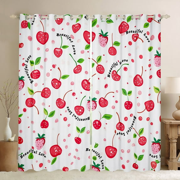 Manfei Cartoon Cherry Black Out Curtains for Teen, Pink Strawberry Print Curtains Pack of 2 (42x63 Each), Yummy Fruit Bedroom Curtains, Window Curtains Home Decor