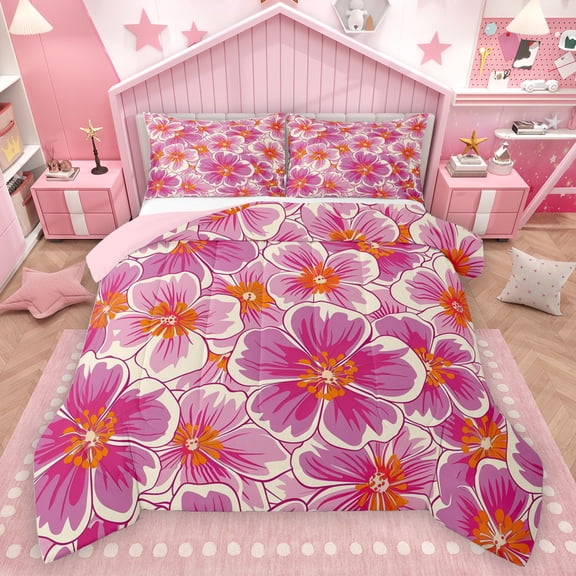 Homewish Cartoon Cherry Blossoms Bedding Comforter Set for Girls, Pink Flower Floral Twin Comforter Sets, Modern Fashion Reversible Bedding Set, Ultra Soft Bedroom Decor, 2pcs