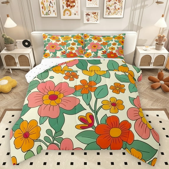 Homewish Cartoon Cherry Blossoms Full Size Comforter Sets for Kid, Rustic Flower Floral Bedding Comforter Set, Plant Botanical Reversible Bedding Sets, Lightweight Room Decor, 3 Pieces