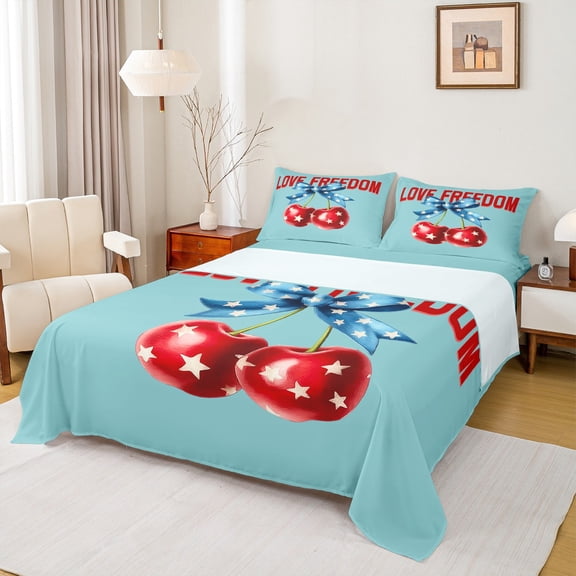 Manfei Cartoon Cherry Bowknot Bed Sheets,Cute Stars Print King Sheets,Blue Red Sheet Set For Teens,Microfiber Bedroom Decor,4pcs