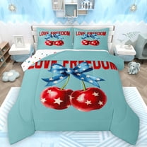 Manfei Cartoon Cherry Bowknot Full Size Comforter Sets,Cute Stars Print Bedding Comforter Set,Blue Red Bedding Sets For Teens,Microfiber Bedroom Decor Reversible,3-Piece