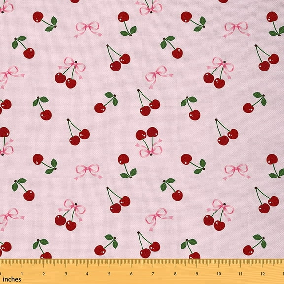 Manfei Cartoon Cherry Fruit Fabric by the Yard (3 Yards) for Girls, Pink Bow-Tie Decorative Fabric by the Yard, Fruit Theme DIY Fabric