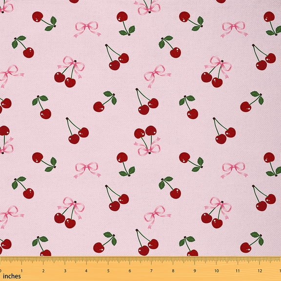 Manfei Cartoon Cherry Fruit Sewing & Crafting Fabric (5 Yards) for Girls, Pink Bow-Tie Home Decor Fabric by the Yard, Fruit Theme DIY Fabric