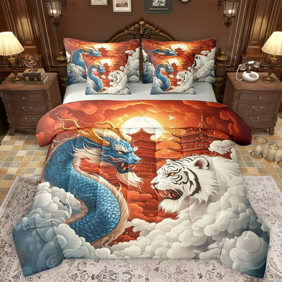 Manfei Cartoon Chinese Dragon Bedding Comforter Set 7pcs, White Tiger Animal King Bedding Sets, Tokyo Japanese Style Reversible Bed Sheets, Lightweight Room Decor