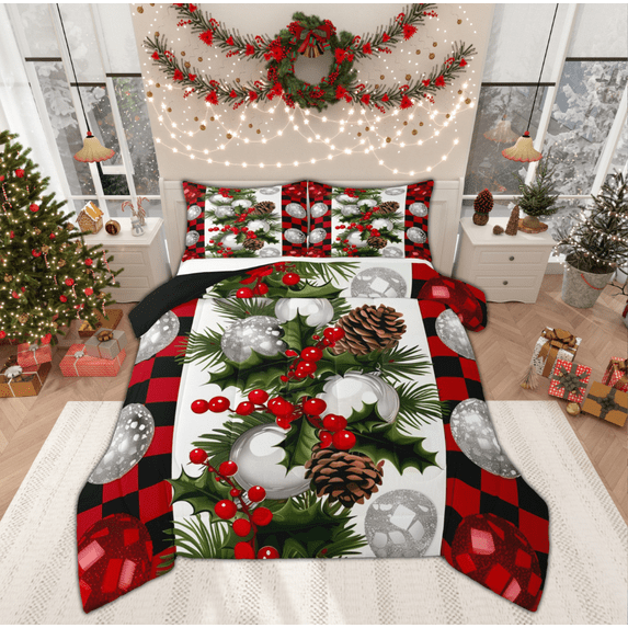 Manfei Cartoon Christmas Ball Full Size Comforter Sets, Flower Plant Butanical Bedding Comforter Set, Black Red Checkered Plaid Reversible Bedding Sets, Luxury Bedroom Decor, 3-Piece