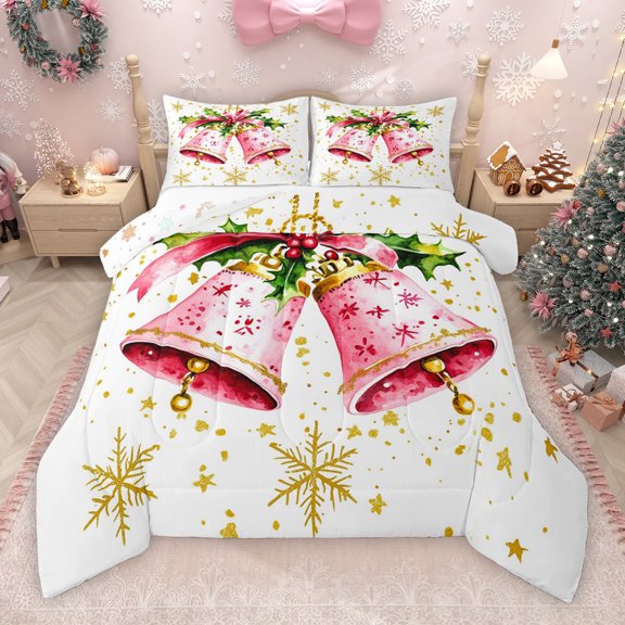Manfei Cartoon Christmas Bell Queen Comforter Set for Girls, Dreamy Snowflake Print Bedding Sets, Kawaii Cartoon Reversible Bedding Comforter Set, Luxury Bedroom Decor, 3pcs