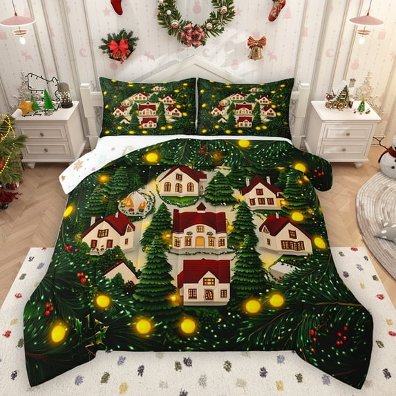 Manfei Cartoon Christmas Cabin Bedding Comforter Set for Kids, Winter Xmas Tree Twin Comforter Sets, Dreamy Fairy Tale Reversible Bedding Set, Lightweight Room Decor, 2pcs