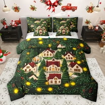 Homewish Cartoon Christmas Cabin Twin Bedding Sets 7-Piece for Kids, Winter Xmas Tree Bedding Comforter Set, Dreamy Fairy Tale Reversible Sheet Sets, Lightweight Room Decor