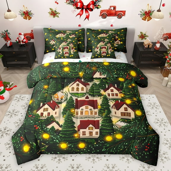 Homewish Cartoon Christmas Cabin Twin Bedding Sets 7-Piece for Kids, Winter Xmas Tree Bedding Comforter Set, Dreamy Fairy Tale Reversible Sheet Sets, Lightweight Room Decor
