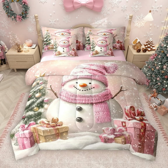 Manfei Cartoon Christmas Snowman 7-Piece Twin Bedding Sets,Merry Xmas Bedding Comforter Set,Pink Gold Green Sheet Sets For Girl Boys Kids,Super Cozy Room Decor Reversible