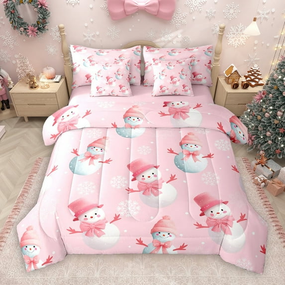 Manfei Cartoon Christmas Snowman 7pcs Bedding Comforter Set,Merry Xmas Queen Bedding Sets,Pink White Queen Sheet Sets For Girl Boys Kids,Super Cozy Room Decor Reversible