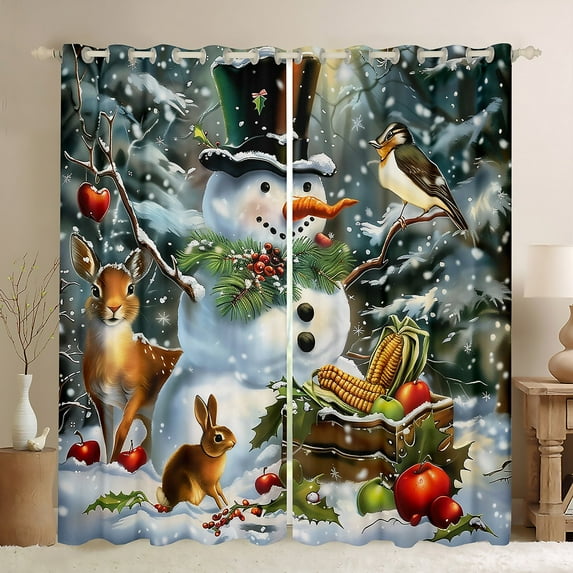 Manfei Cartoon Christmas Snowman Curtains Pack of 2 (42x84 Each),Kawaii Rabbit Deer Curtains Blackout,Red Green White Bedroom Curtains For Girl Boys Kids,Super Cozy Room Decor