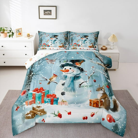 Manfei Cartoon Christmas Snowman Queen Comforter Set,Merry Xmas Bedding Sets,Lovely Brown Squirrel Bedding Comforter Set For Girl Boys Kids,Super Cozy Room Decor Reversible,3-Piece