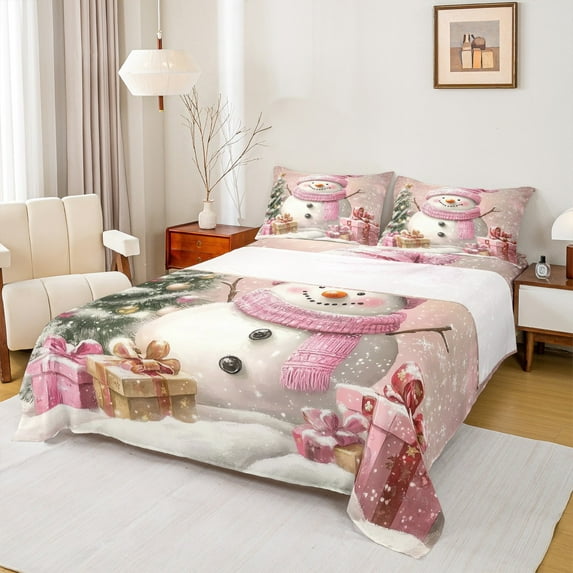 Manfei Cartoon Christmas Snowman Twin Sheet Sets,Merry Xmas Twin Fitted Sheet,Pink Gold Green Flat Sheet For Girl Boys Kids,Super Cozy Room Decor,3-Piece