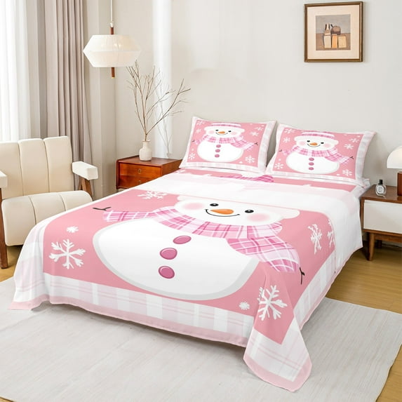Manfei Cartoon Christmas Snowman Twin Sheet Sets,Merry Xmas Twin Fitted Sheet,Pink White Snowflake Flat Sheet For Girl Kids,Super Cozy Room Decor,3 Pieces
