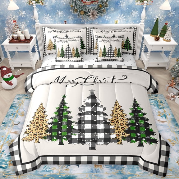 Manfei Cartoon Christmas Tree 7-Piece Twin Bedding Sets,Leopard Print Bedding Comforter Set,White Black Check Sheet Sets For Girls,Luxury Bedroom Decor
