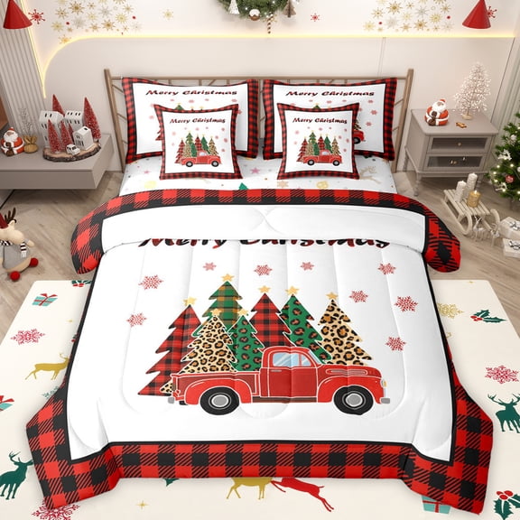 Manfei Cartoon Christmas Tree 7 Pieces Bedding Comforter Set,Cheetah Print Full Bedding Set,Red Black Checkered Fitted Sheet Flat Sheet For Girls,Luxury Bedroom Decor Reversible