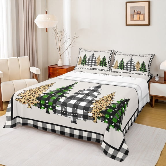Manfei Christmas Tree King Sheet Set,Leopard Black White Check,4-Piece