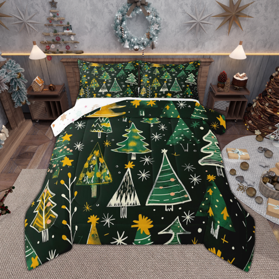 Manfei Cartoon Christmas Tree Bedding Comforter Set for Children, Merry Xmas Twin Comforter Sets, Black Green Orange Hand Drawn Bedding Set, Super Cozy Room Decor, Reversible 2 Pieces