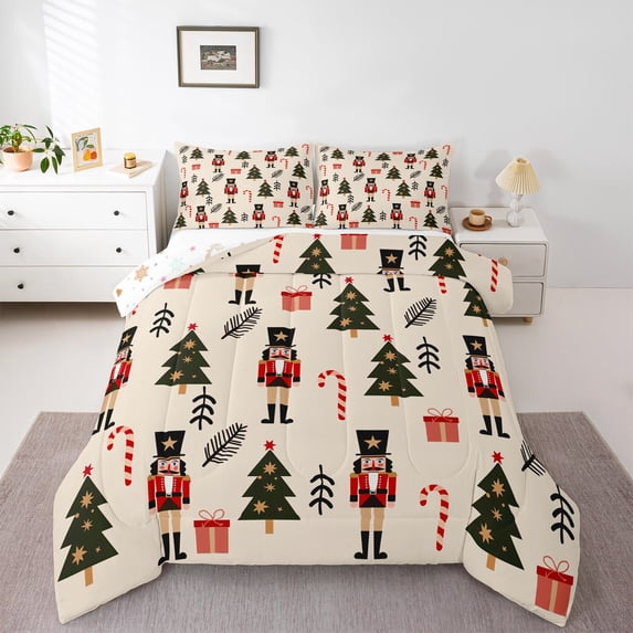 Manfei Cartoon Christmas Tree Bedding Comforter Set,Xmas Candy Cane Twin Comforter Sets,Vintage Nutcraker Soldier Bedding Set For Teens,Ultra Soft Home Decor Reversible,2pcs