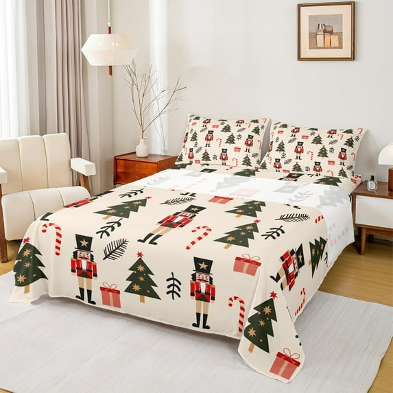 Manfei Cartoon Christmas Tree Full Size Sheets,Xmas Candy Cane Bed Sheets,Vintage Nutcraker Soldier Sheet Sets For Teens,Ultra Soft Home Decor,4-Piece