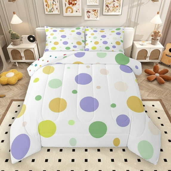 Manfei Cartoon Circular Queen Comforter Set,Multicolor Polka Dots Bedding Sets,Yellow Green White Bedding Comforter Set For Children,Breathable Home Decor Reversible,3pcs