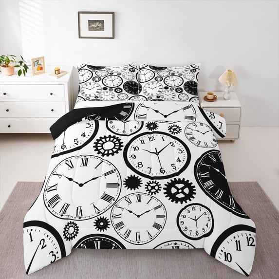 Manfei Cartoon Clock Full Size Comforter Sets, White Black Geometric Stripes Bedding Comforter Set, Teen Kid Child Reversible Bedding Sets, Super Cozy Room Decor, 3-Piece