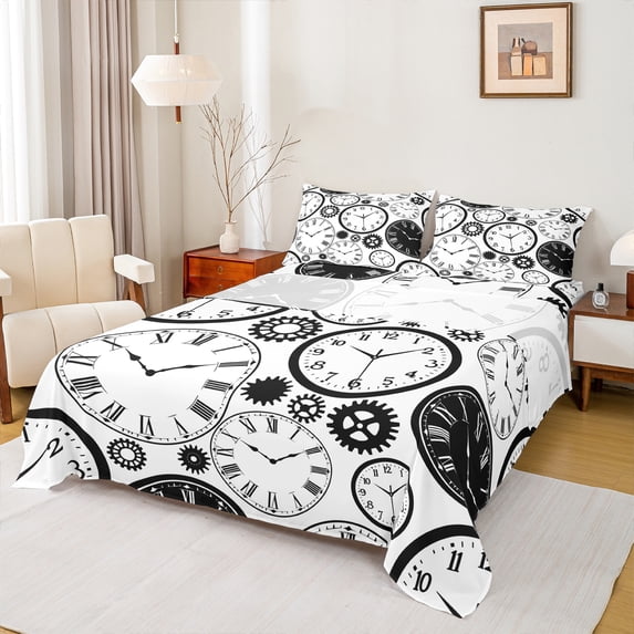 Manfei Cartoon Clock Full Size Sheets, White Black Geometric Stripes Bed Sheets, Teen Kid Child Sheet Sets, Super Cozy Room Decor, 4-Piece