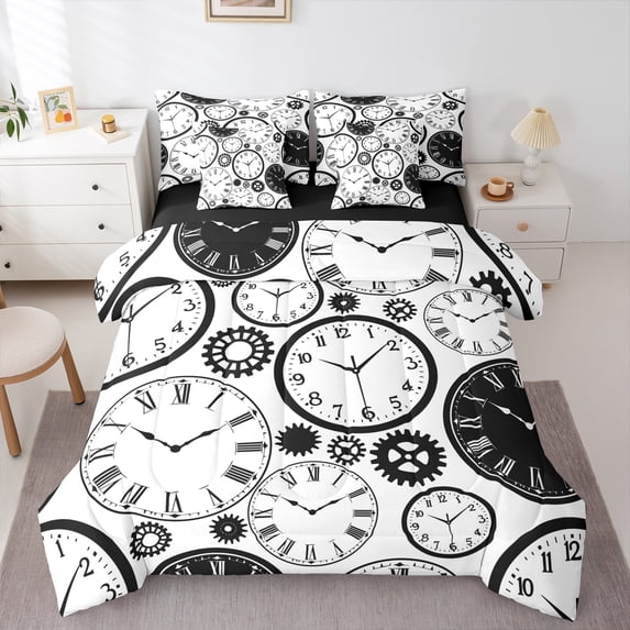 Manfei Cartoon Clock Twin Bedding Sets 7-Piece, White Black Geometric Stripes Bedding Comforter Set, Teen Kid Child Reversible Sheet Sets, Super Cozy Room Decor