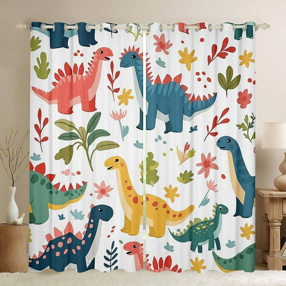 Manfei Cartoon Coloful Dinosaur Curtains Pack of 2 (42x84 Each), Kawaii Jungle Animal Curtains Blackout, Blossoms Flower Floral Bedroom Curtains, Window Curtains Bedroom Decor