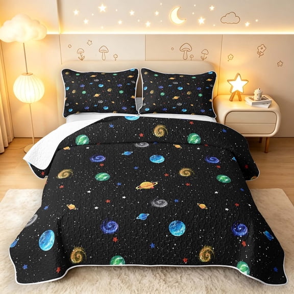 Manfei Cartoon Colorful Planets Bed Spread Queen,Celestial Stars Queen Coverlet Set,Black,Black Reversible,3 Pieces,1 Quilt and 2 Pillowcases